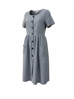 Vermont Country Store Seersucker Navy Plaid Dress Medium Cottagecore Made In USA